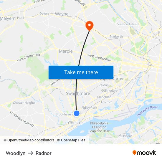 Woodlyn to Radnor map