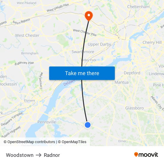Woodstown to Radnor map