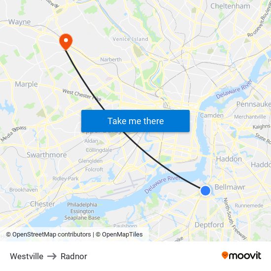 Westville to Radnor map