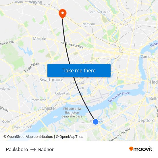 Paulsboro to Radnor map