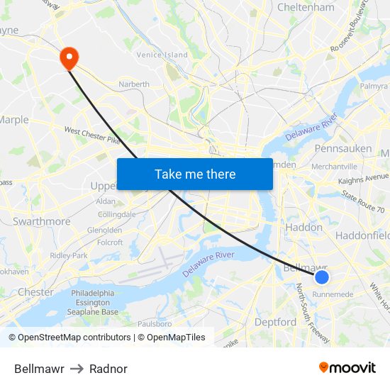 Bellmawr to Radnor map