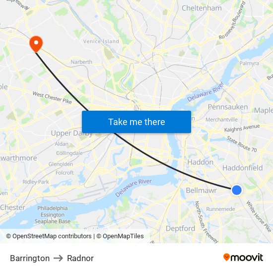 Barrington to Radnor map