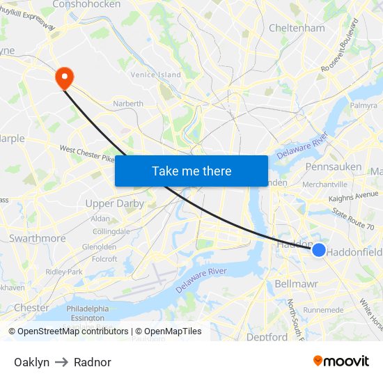 Oaklyn to Radnor map