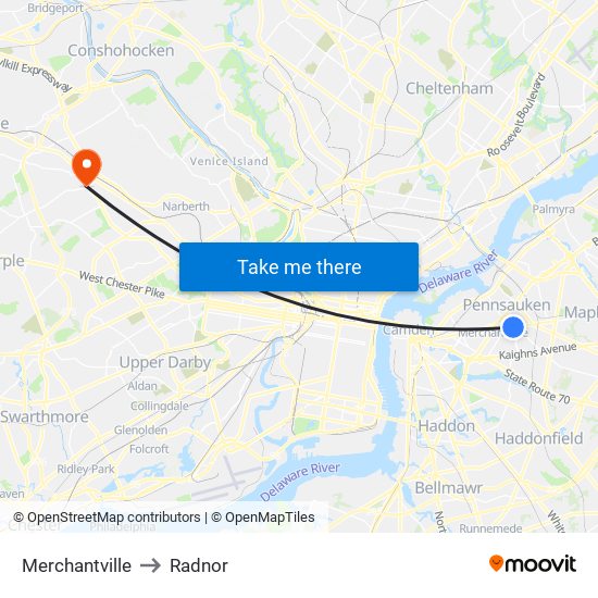 Merchantville to Radnor map