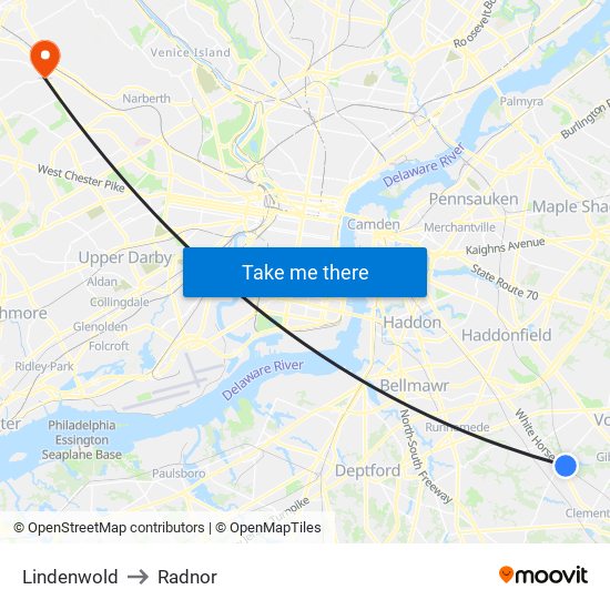 Lindenwold to Radnor map