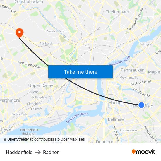 Haddonfield to Radnor map