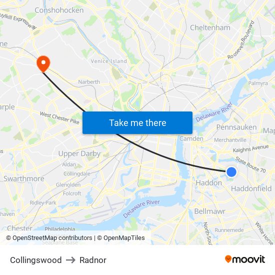 Collingswood to Radnor map