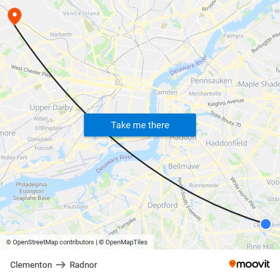 Clementon to Radnor map