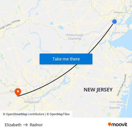 Elizabeth to Radnor map