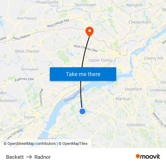 Beckett to Radnor map