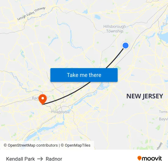 Kendall Park to Radnor map
