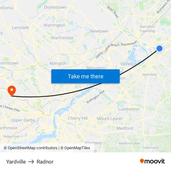 Yardville to Radnor map