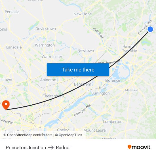 Princeton Junction to Radnor map