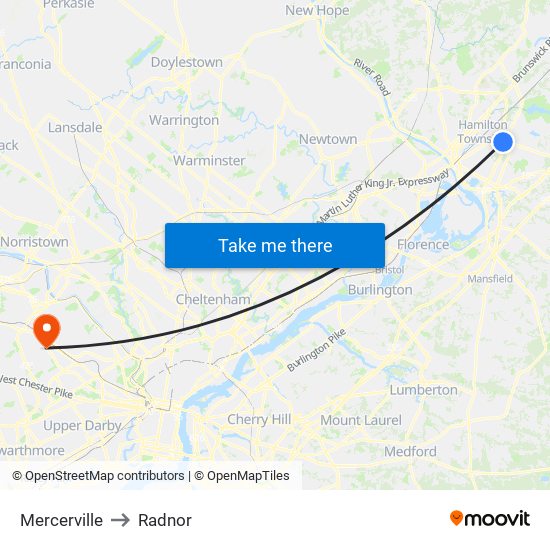 Mercerville to Radnor map