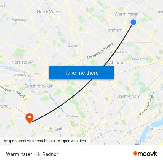 Warminster to Radnor map