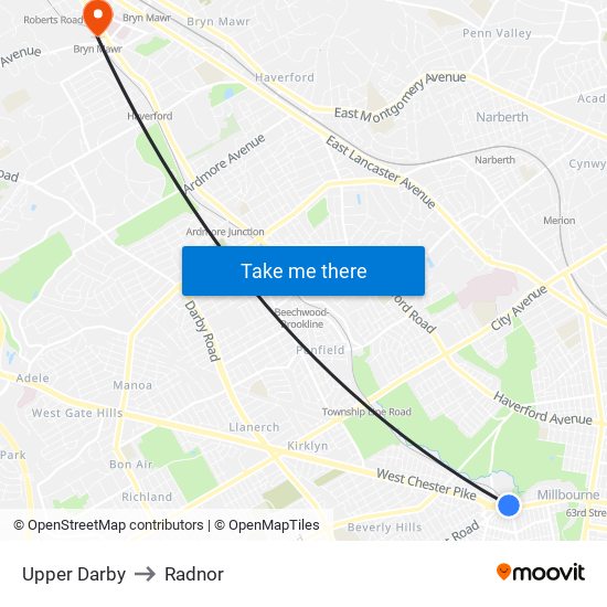 Upper Darby to Radnor map