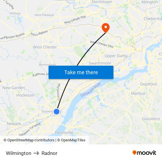 Wilmington to Radnor map