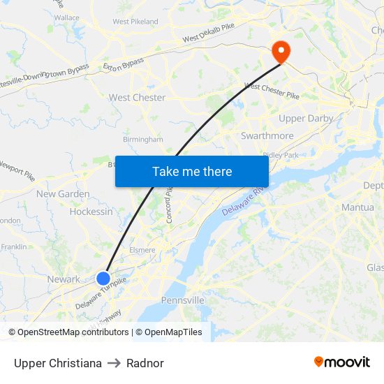 Upper Christiana to Radnor map