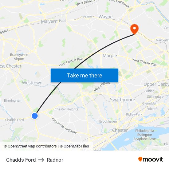 Chadds Ford to Radnor map