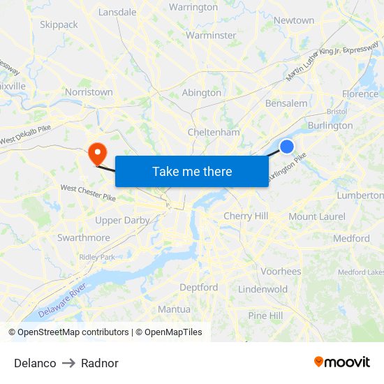 Delanco to Radnor map