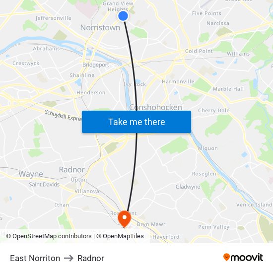 East Norriton to Radnor map