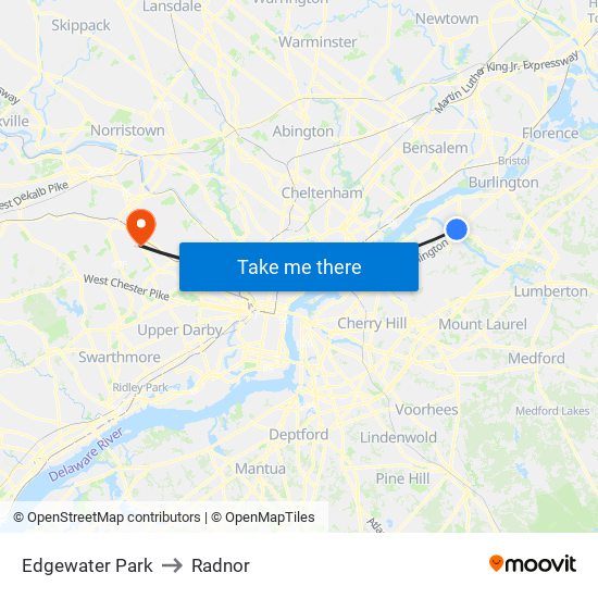 Edgewater Park to Radnor map