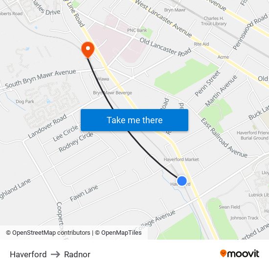 Haverford to Radnor map
