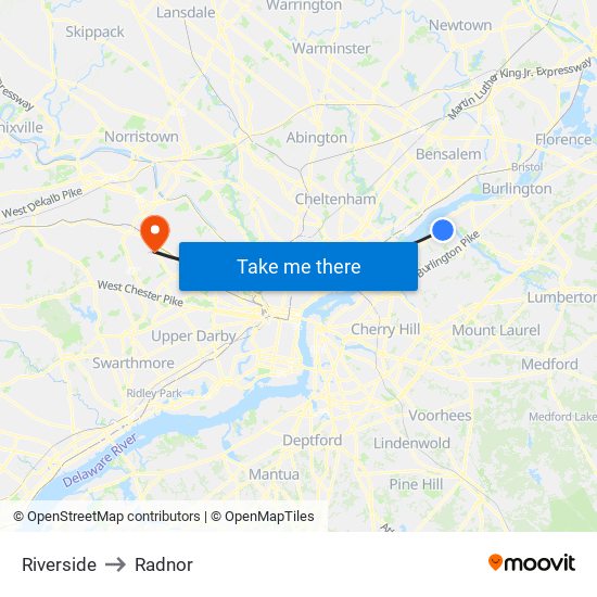 Riverside to Radnor map