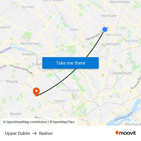 Upper Dublin to Radnor map