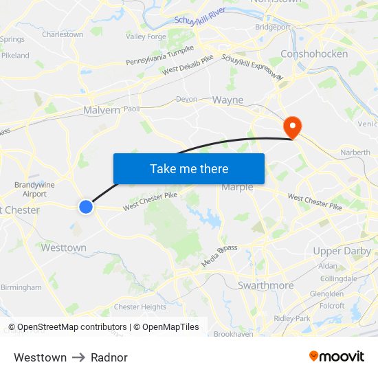 Westtown to Radnor map