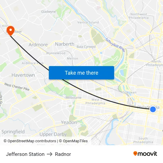 Jefferson Station to Radnor map