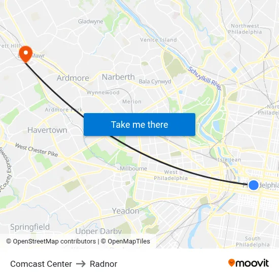 Comcast Center to Radnor map