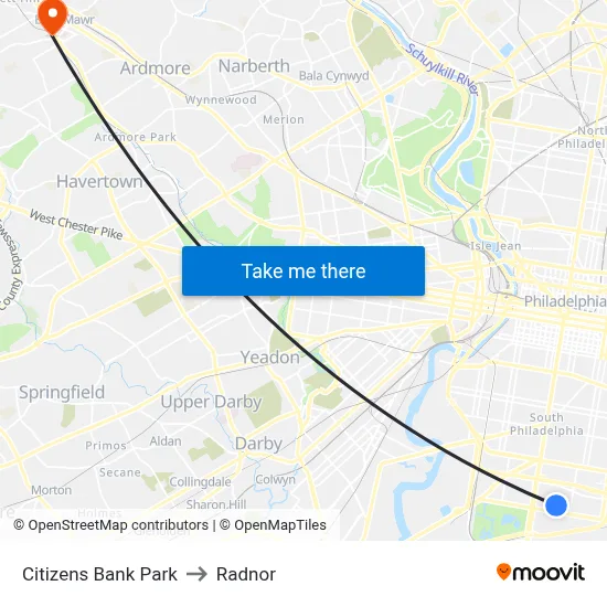 Citizens Bank Park to Radnor map