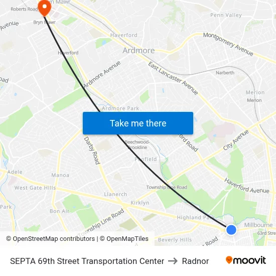 SEPTA 69th Street Transportation Center to Radnor map