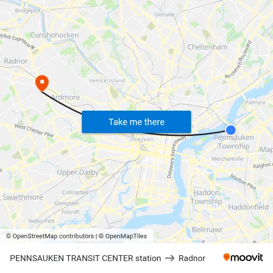 PENNSAUKEN TRANSIT CENTER station to Radnor map