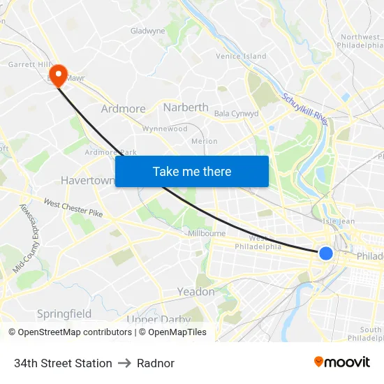 34th Street Station to Radnor map