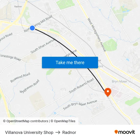 Villanova University Shop to Radnor map