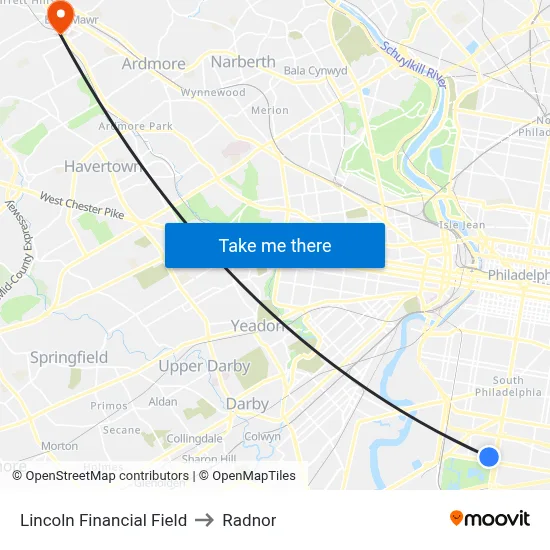 Lincoln Financial Field to Radnor map