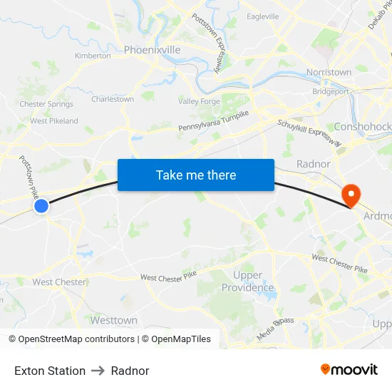 Exton Station to Radnor map