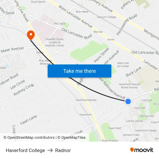 Haverford College to Radnor map