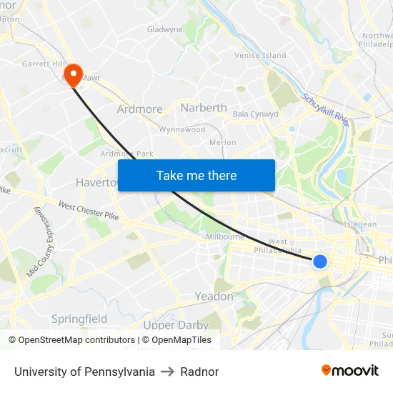 University of Pennsylvania to Radnor map