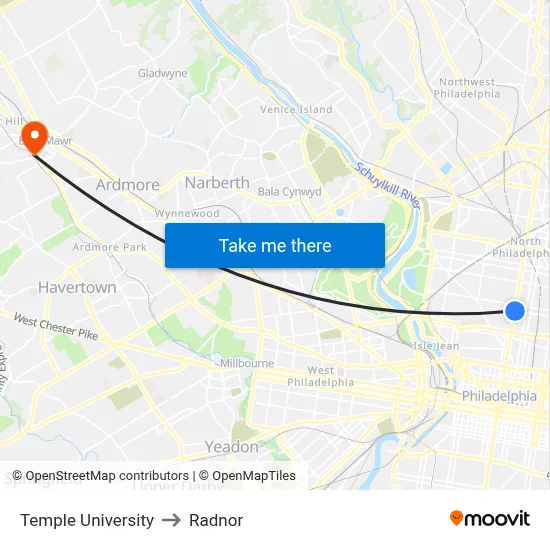Temple University to Radnor map