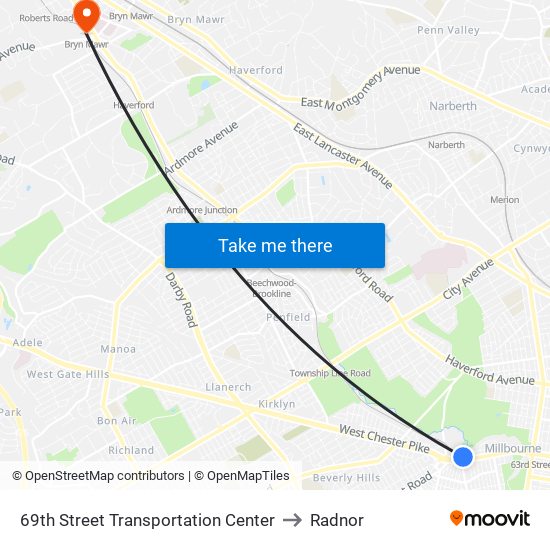 69th Street Transportation Center to Radnor map