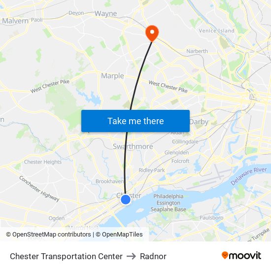 Chester Transportation Center to Radnor map