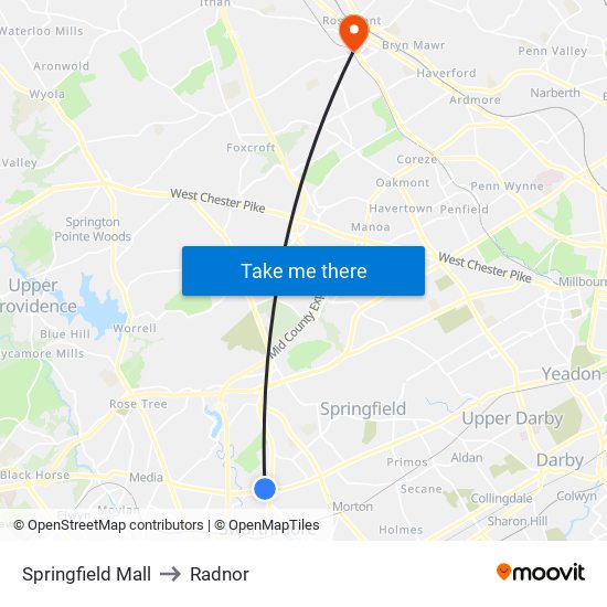 Springfield Mall to Radnor map