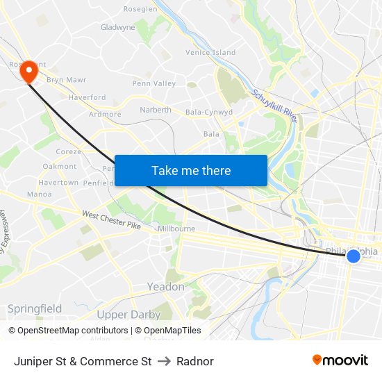 Juniper St & Commerce St to Radnor map