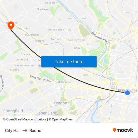 City Hall to Radnor map