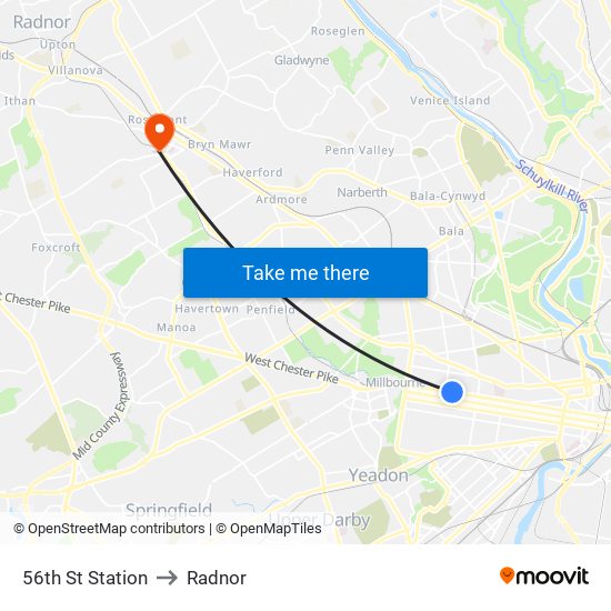 56th St Station to Radnor map