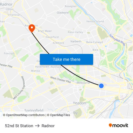 52nd St Station to Radnor map