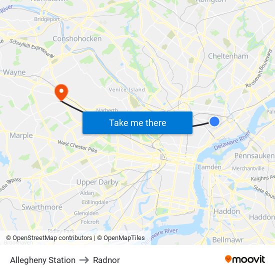 Allegheny Station to Radnor map